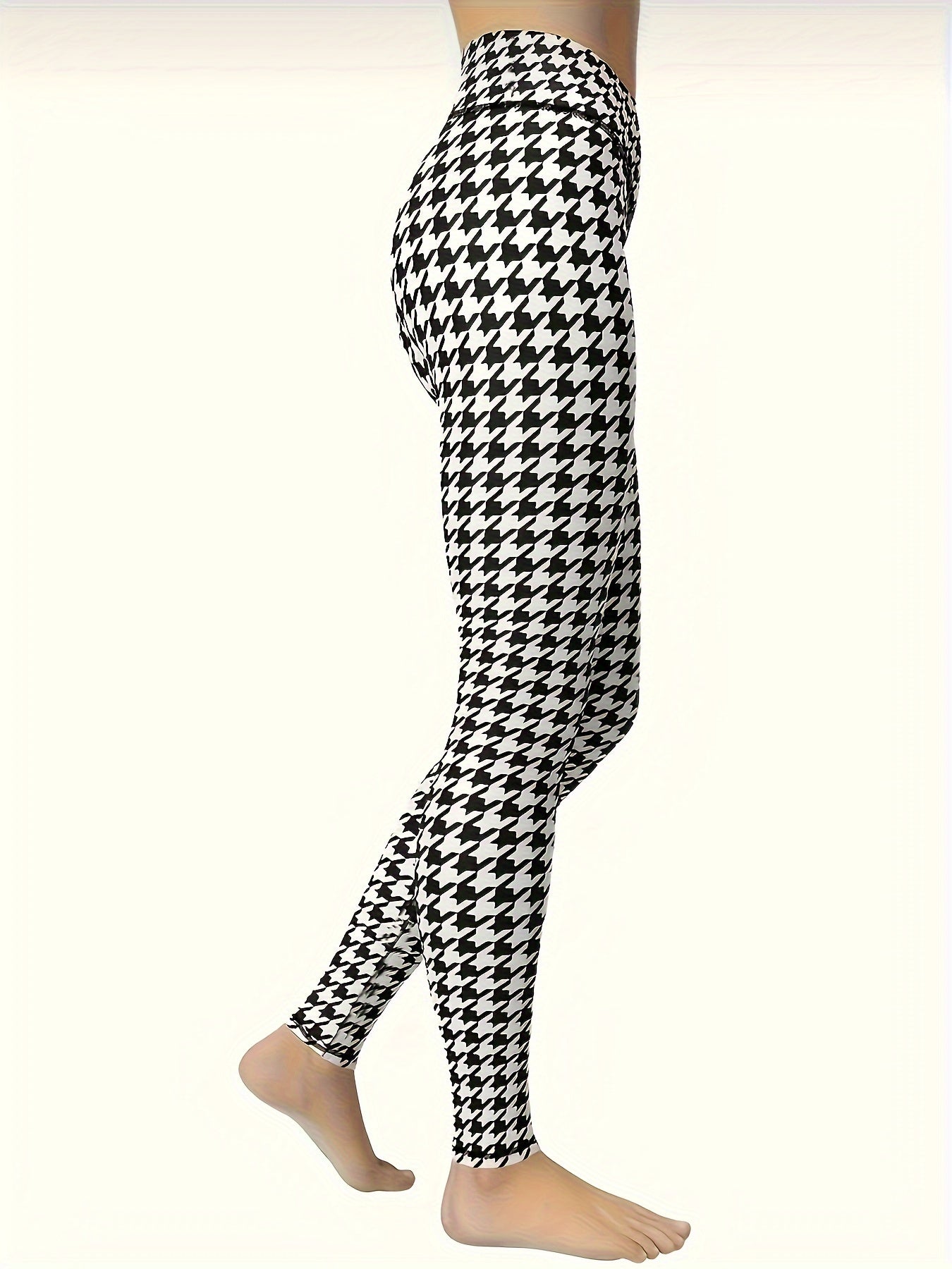 High Waist Houndstooth Print Yoga Pants Tummy Control