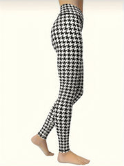 High Waist Houndstooth Print Yoga Pants Tummy Control
