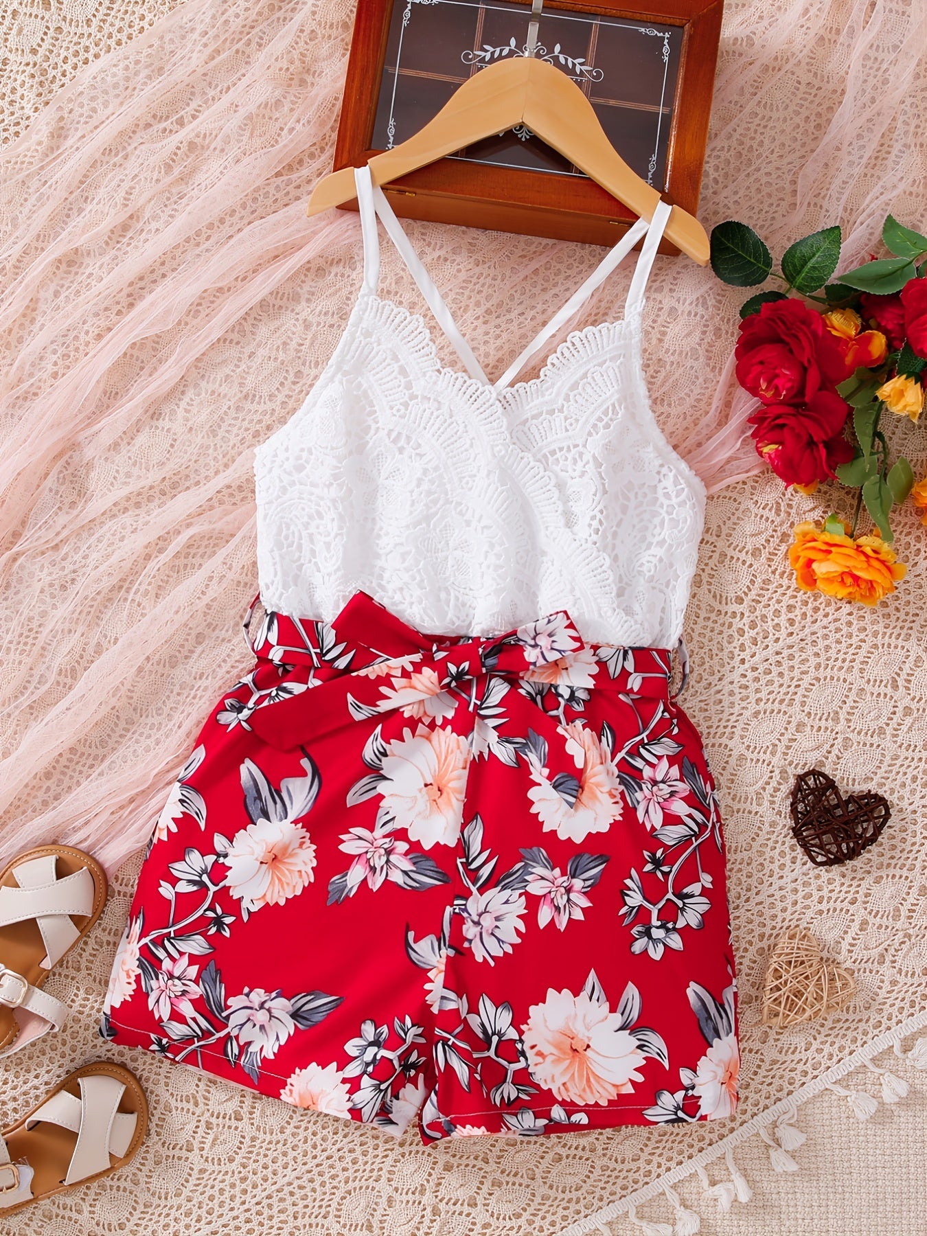 Bohemian Lace Cami Print Romper with Bow Belt for Summer