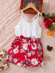 Bohemian Lace Cami Print Romper with Bow Belt for Summer