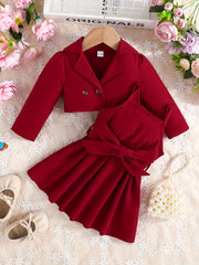Baby Girl's 2pcs Set Lapel Long Sleeve Coat Belted Suspender Skirt Party Outfit