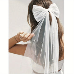 Bow Veil Mesh Faux Pearl Headpiece Wedding Banquet Party
