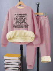 Women's Slogan & Moon Print Fleece Top & Pants Set