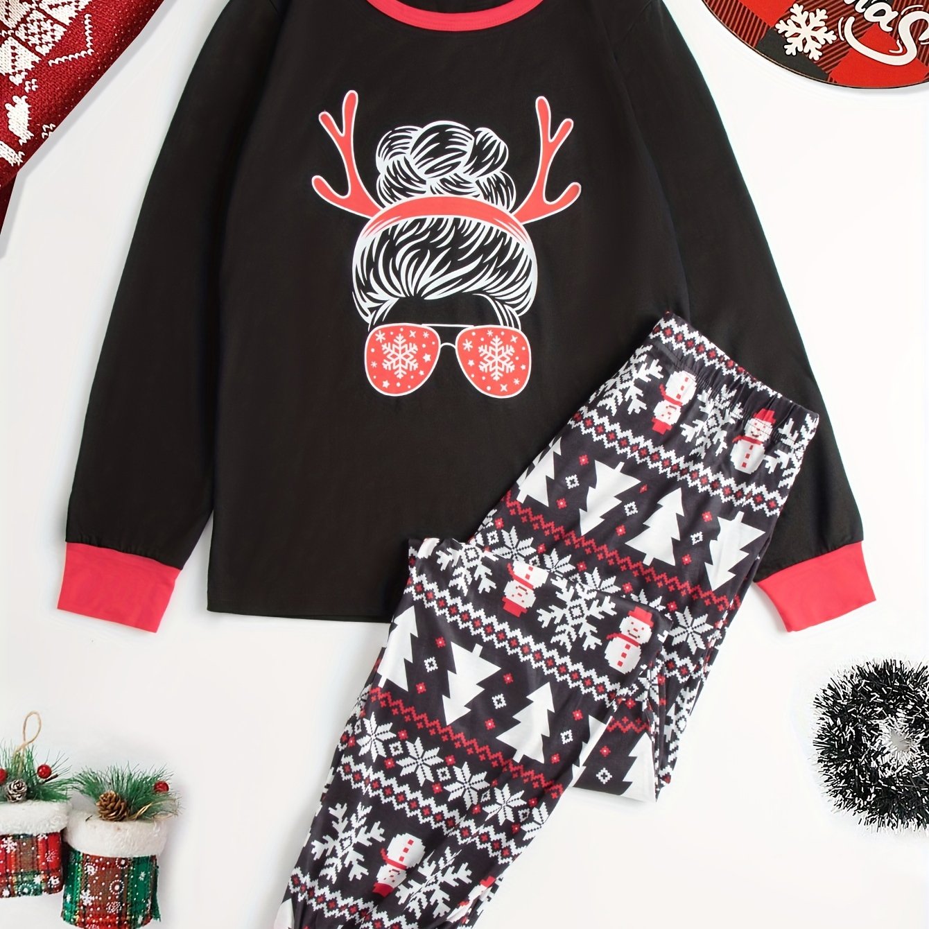 Christmas Print Lounge Set Long Sleeve Top & Pants Women's Loungewear