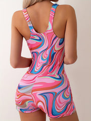 Ripple Print Round Neck One Piece Swimsuit Sleeveless High Strech