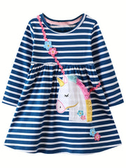 Preschool Girls' Unicorn Striped Long Sleeve Dress