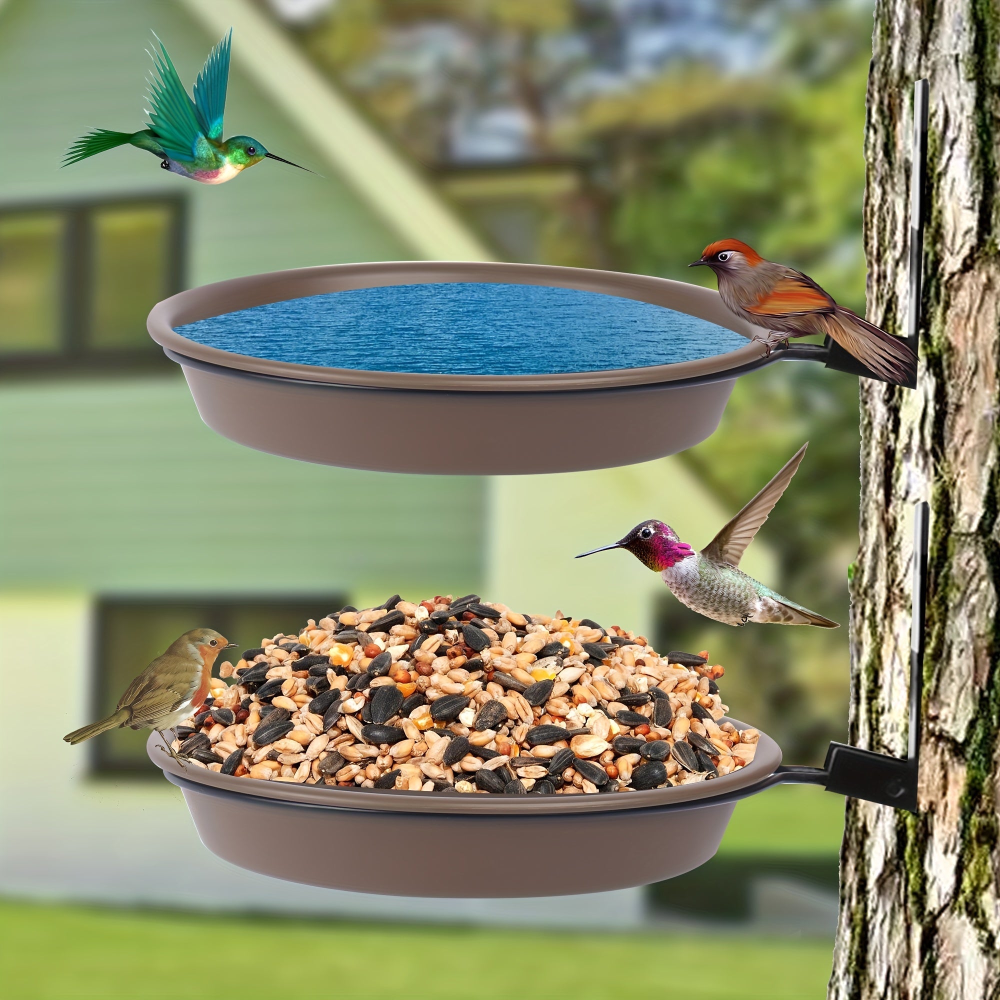 Hanging Bird Bath Bowl Double Layers Outdoor Large Bird House Garden Decor