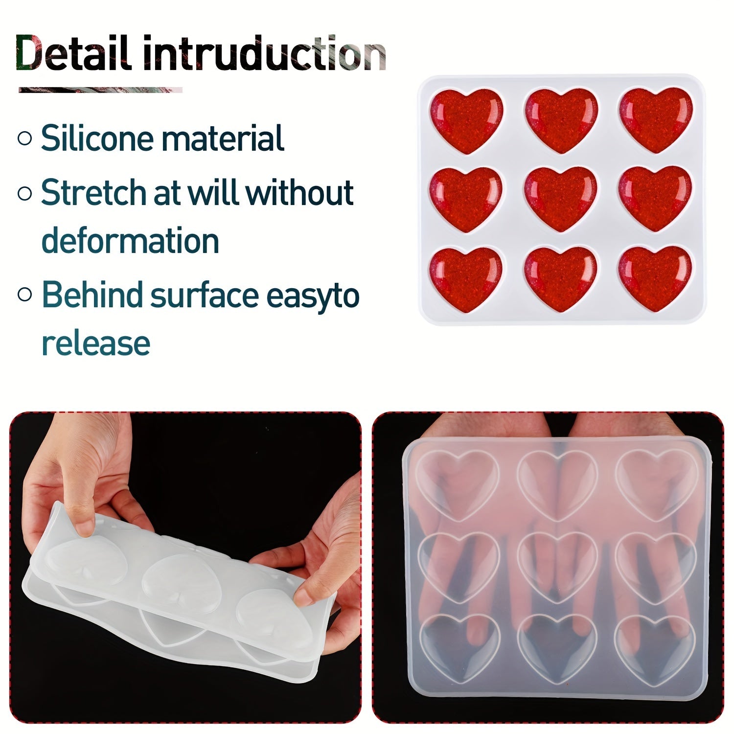 9 Hole Heart Resin Mold Silicone Charm Mold for DIY Keychain Pendant