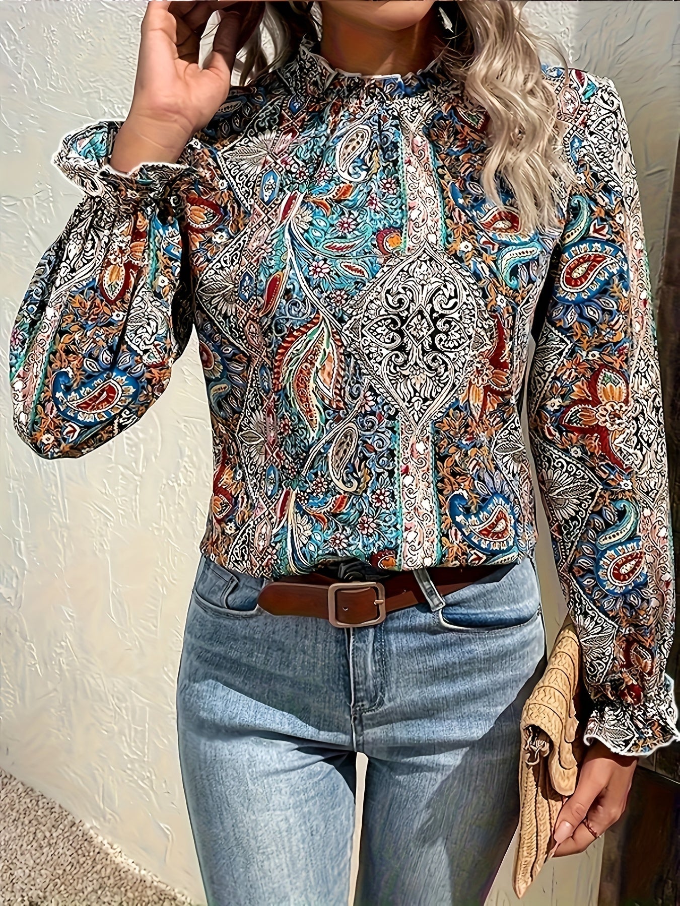 Boho Blouse Women's Paisley Floral Print Ruffle Trim Sleeve