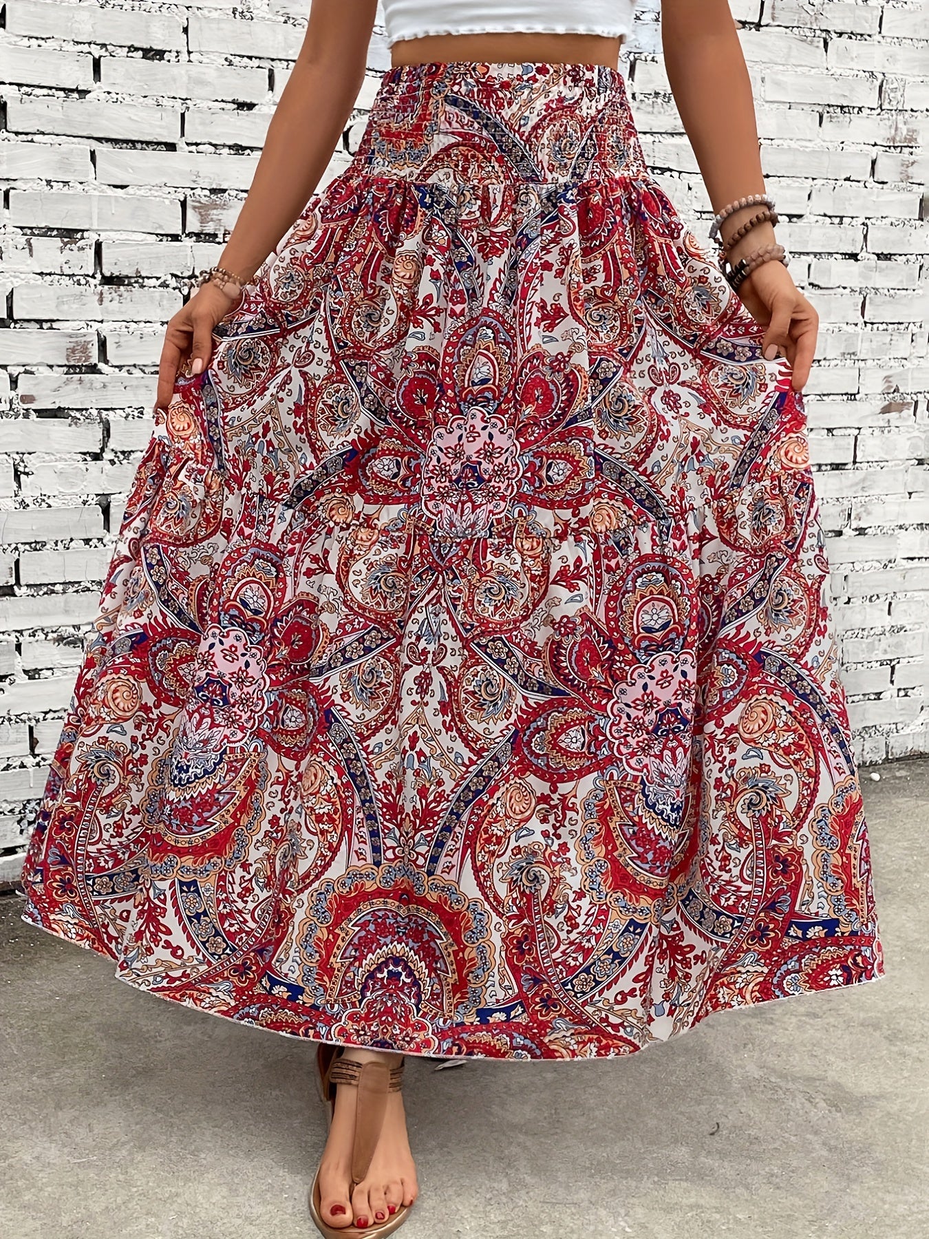 Paisley Print Shirred Waist Skirt for Women