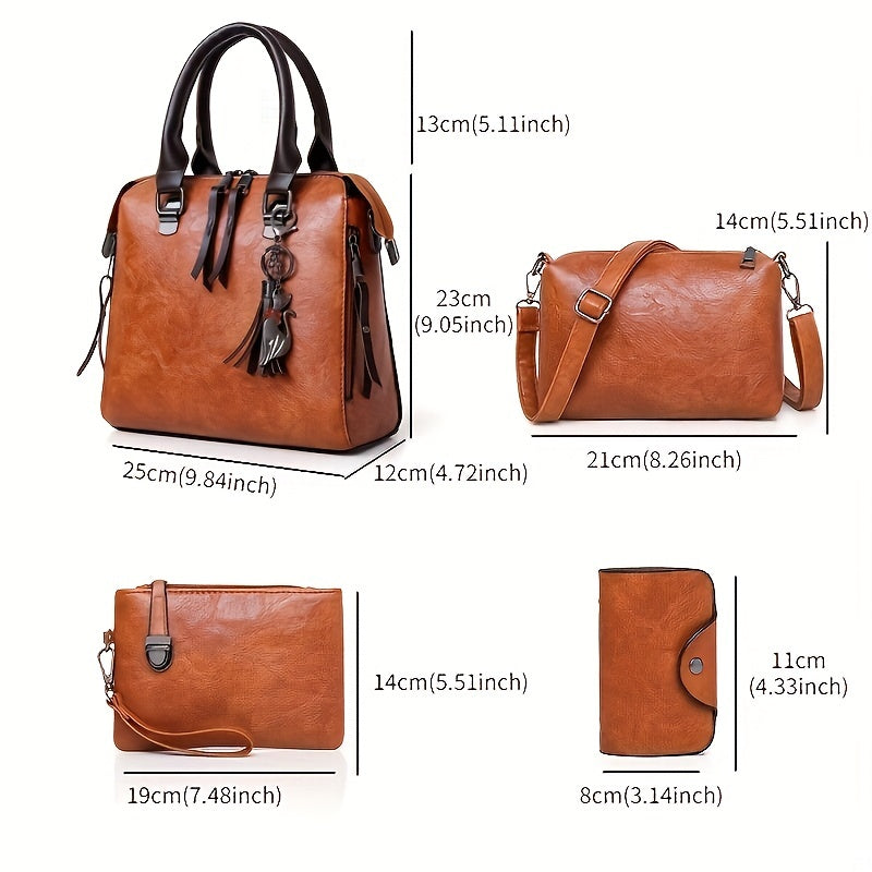 4pcs Retro Pendant Tote Crossbody Bag Set PU Leather Shoulder Bag