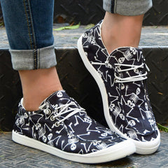 Women's Skull Print Canvas Shoes Lace-up Halloween Loafers