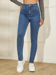 Solid Pintuck Tapered Jeans High Rise Slash Pocket Denim Pants