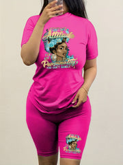Women's Plus Figure & Letter Print Tee & Shorts Outfits 2pcs Set