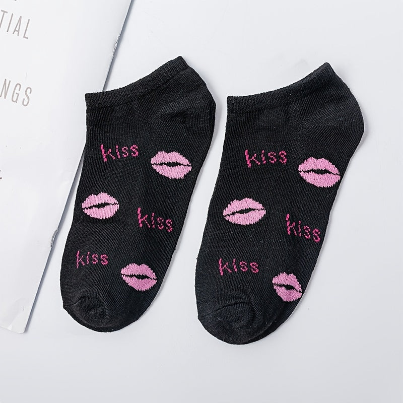 5 Pairs Red Lip Pattern Low Cut Ankle Socks Women's Stockings