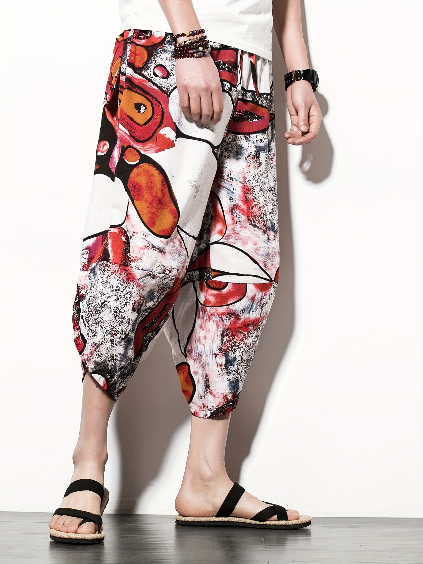 Retro Elephant Pattern Men's Cropped Beach Pants