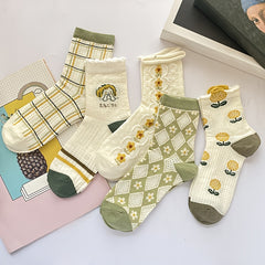 5 Pairs Floral & Striped Print Socks Women's Stockings & Hosiery