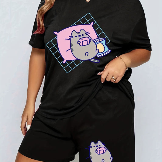 Cat Print Tee & Shorts Pajama Set