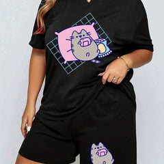 Cat Print Tee & Shorts Pajama Set