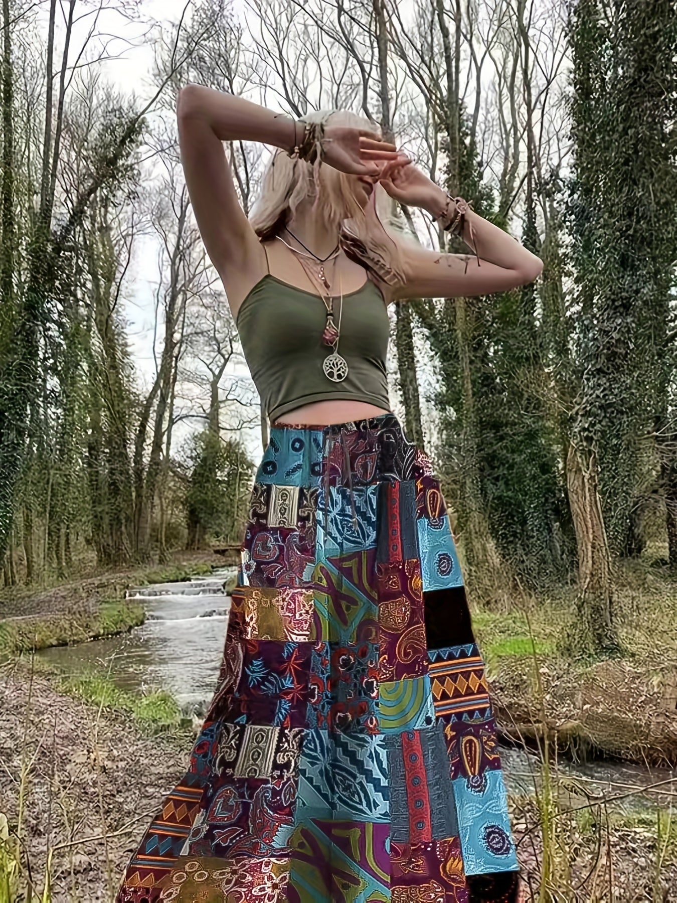 Hippie Patchwork Print Drawstring Skirt Boho Skirt Spring Summer Women's