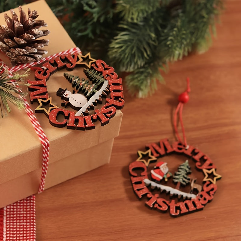 12pcs Wooden Christmas Tree Ornaments Cartoon Santa Claus Snowman