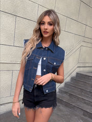Sleeveless Denim Vest Flap Pockets Lapel Denim Jacket Women's Clothing