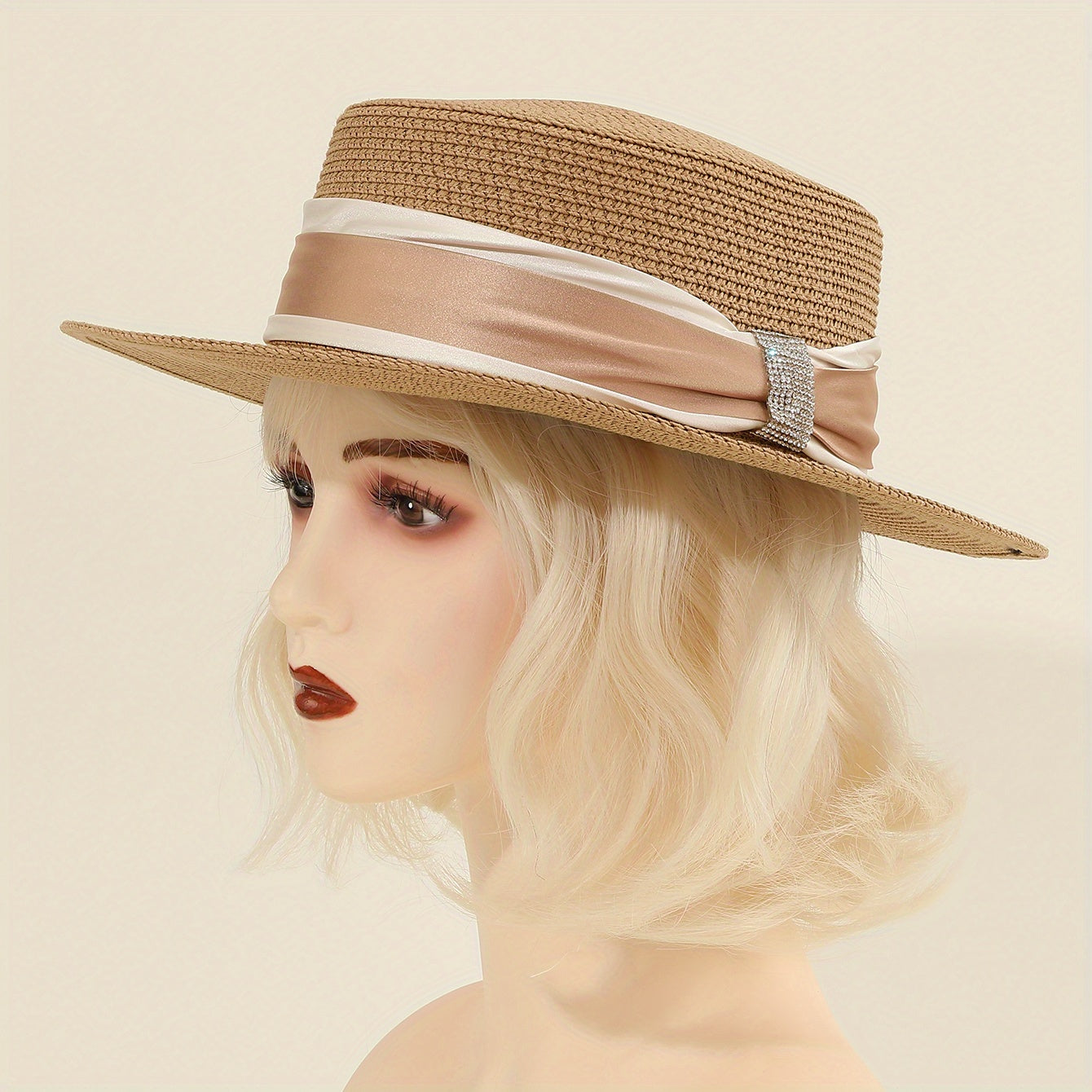 Khaki Sun Hats Satin Wide Strap Decor Flat Top Jazz Straw Hat