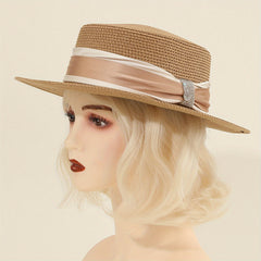 Khaki Sun Hats Satin Wide Strap Decor Flat Top Jazz Straw Hat