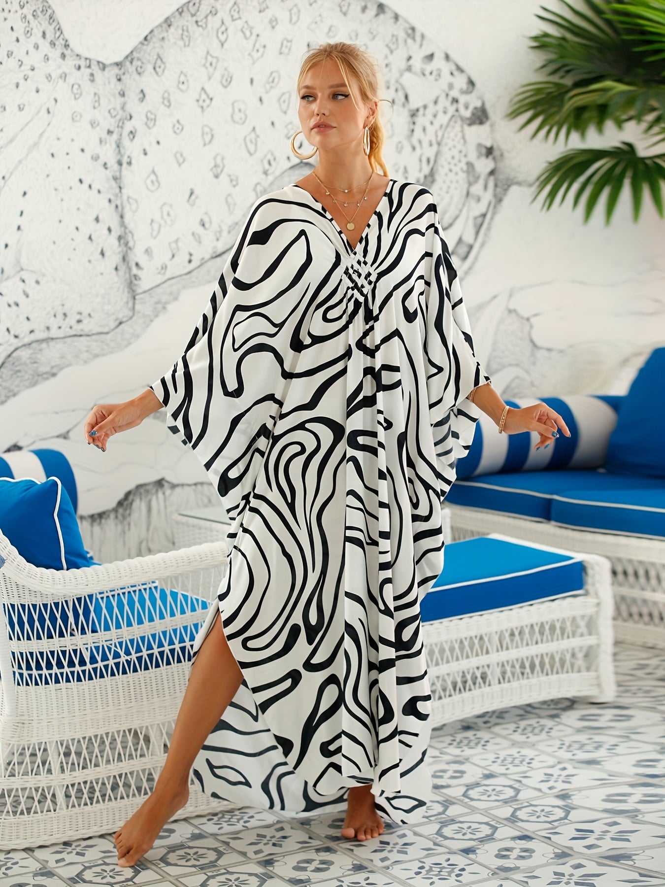 Leopard Print Cover Up Dress Bat Sleeve V Neck