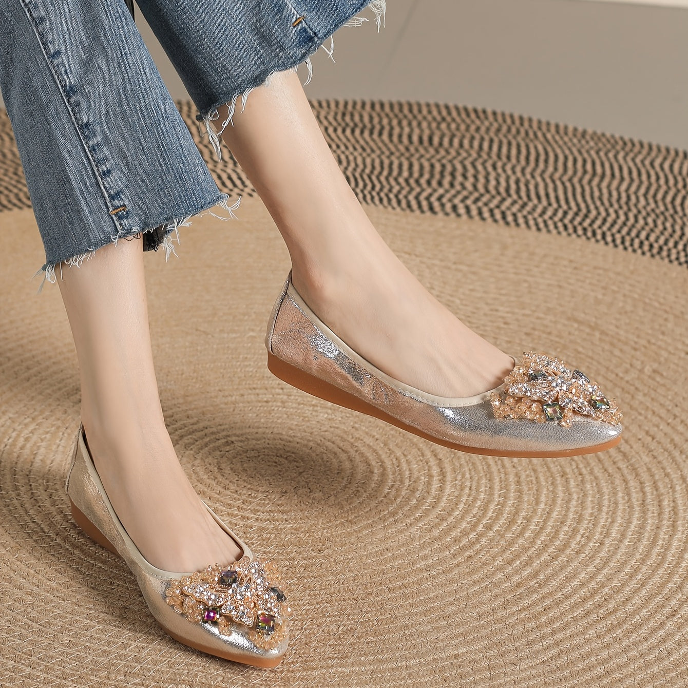 Rhinestone Ballet Flats Pointed Toe Soft Sole Slip On Shoes
