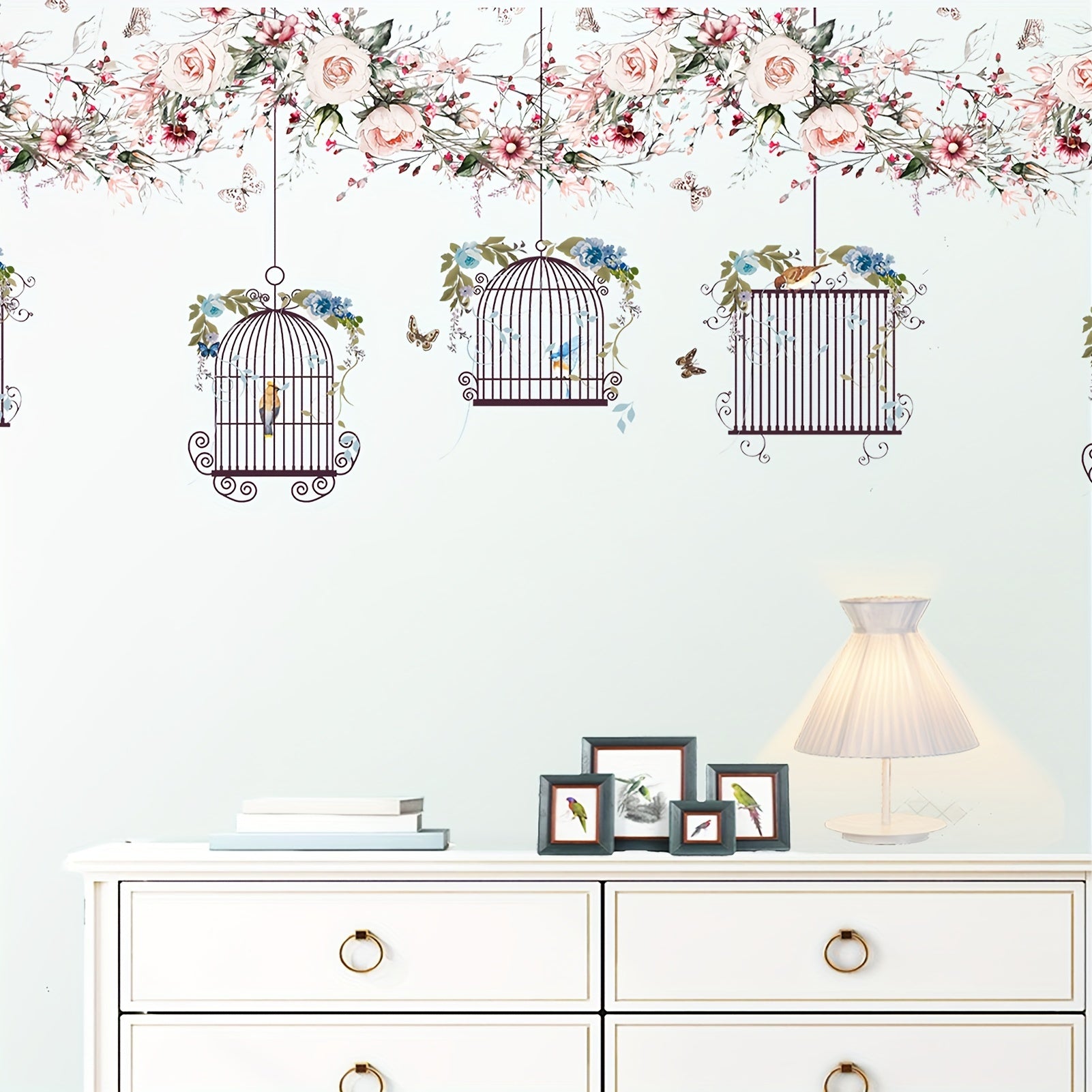 Flowers Wall Stickers DIY Butterfly Green Leaves Birdcage Parrots Wall Decals