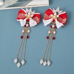 Vintage Embroidered Ribbon Bow Hair Clips with Lace Tassel