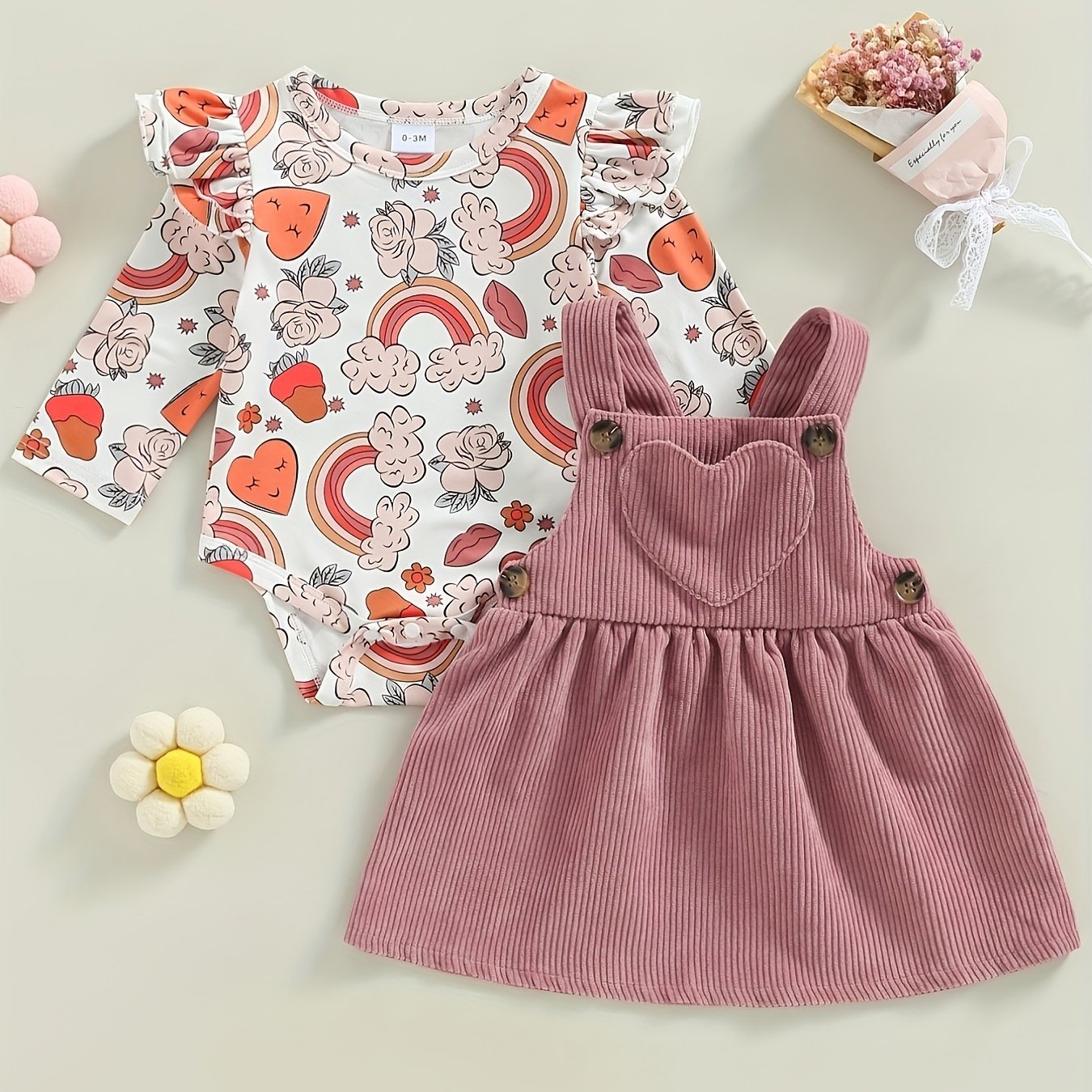 Girls Infant Puffy Suspender Dress & Romper Set