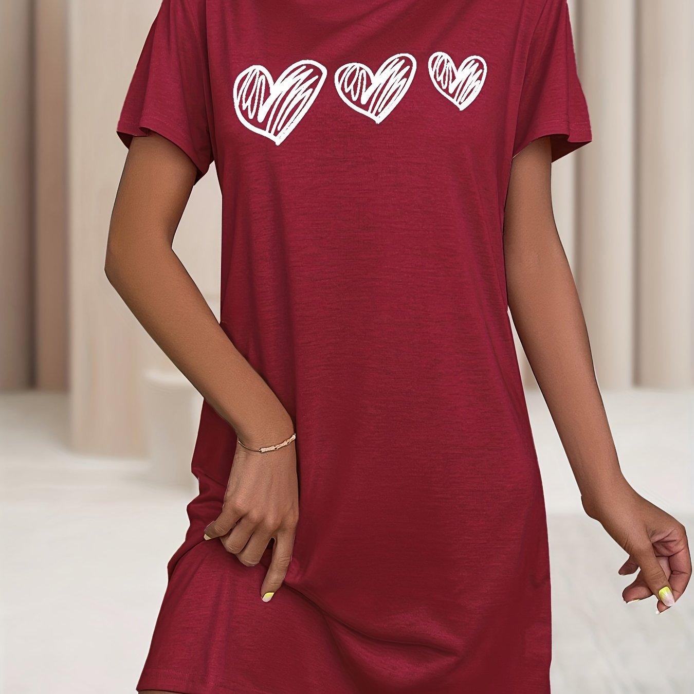 Heart Print Short Sleeve T-shirt Sleep Dress