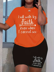 2 Pc Set Women's Plus Slogan Tee & Shorts