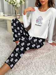 Elephant Print Pajama Set Long Sleeve Crew Neck & Elastic Waistband Pants