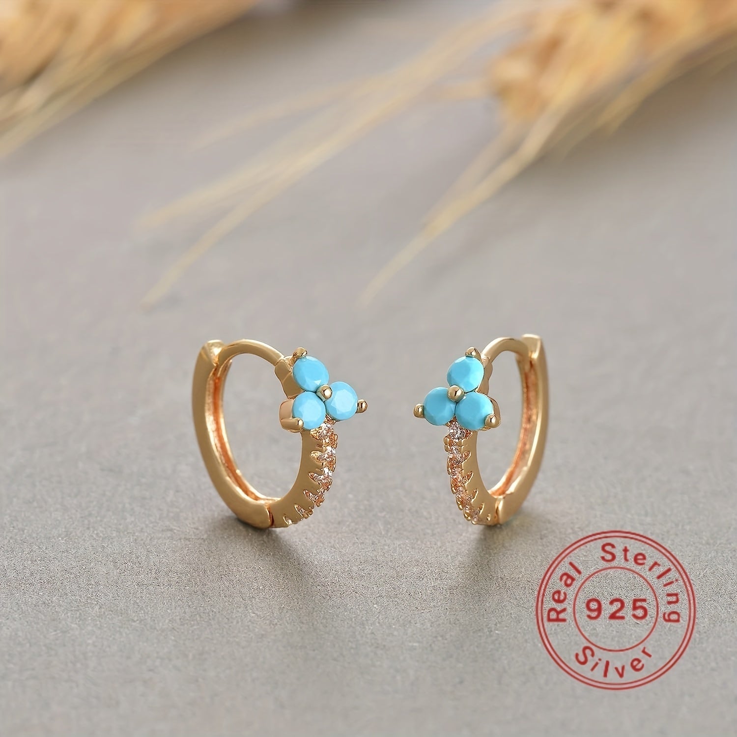 Turquoise Flower Hoop Cuff Earrings S925 Silver for Sensitive Ears