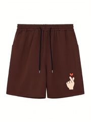 Men's Love Gesture Print Workout Shorts Breathable Drawstring Sports Shorts