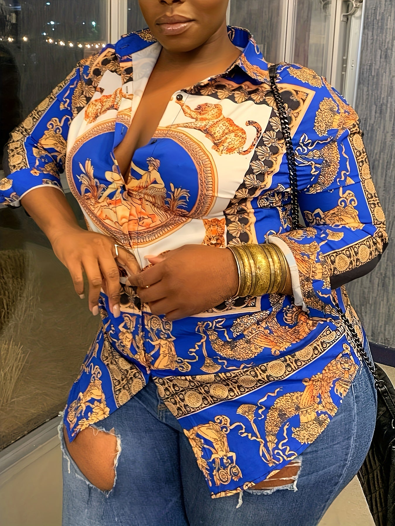 Random Print Button Front Long Sleeve Shirt Women's Plus Casual Blouse