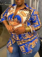 Random Print Button Front Long Sleeve Shirt Women's Plus Casual Blouse