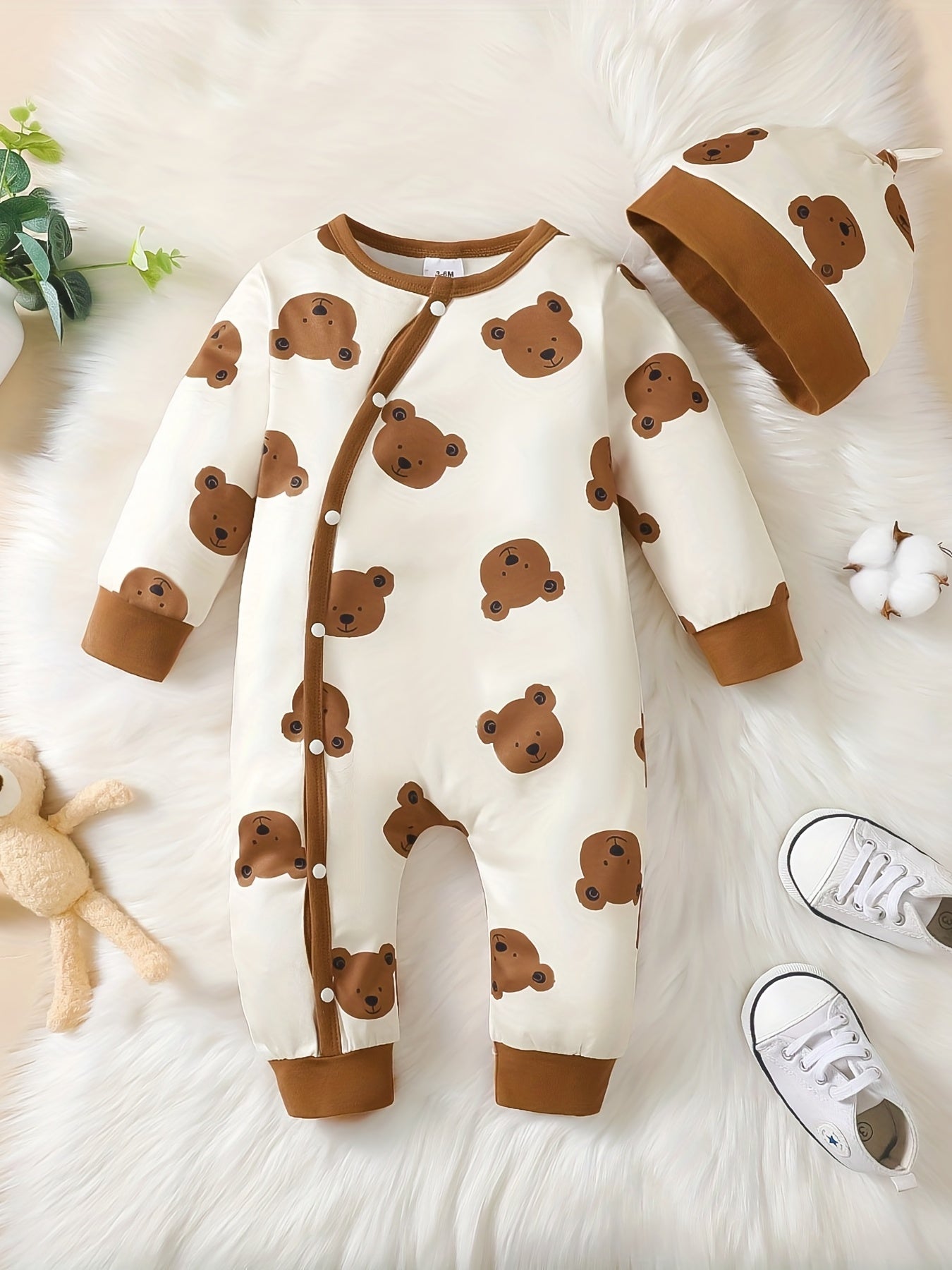 2pcs Baby Boys Set Bear Allover Print Bodysuit Hat