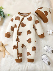 2pcs Baby Boys Set Bear Allover Print Bodysuit Hat