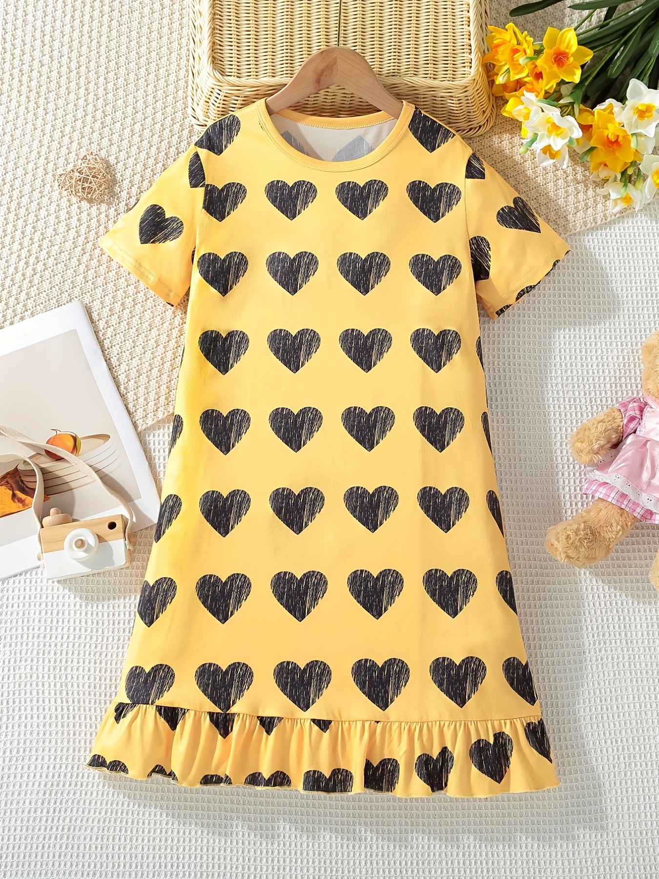 Girls Heart Print PJ Nightdress Short Sleeve Yellow Dress