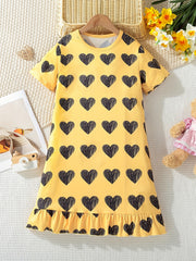 Girls Heart Print PJ Nightdress Short Sleeve Yellow Dress