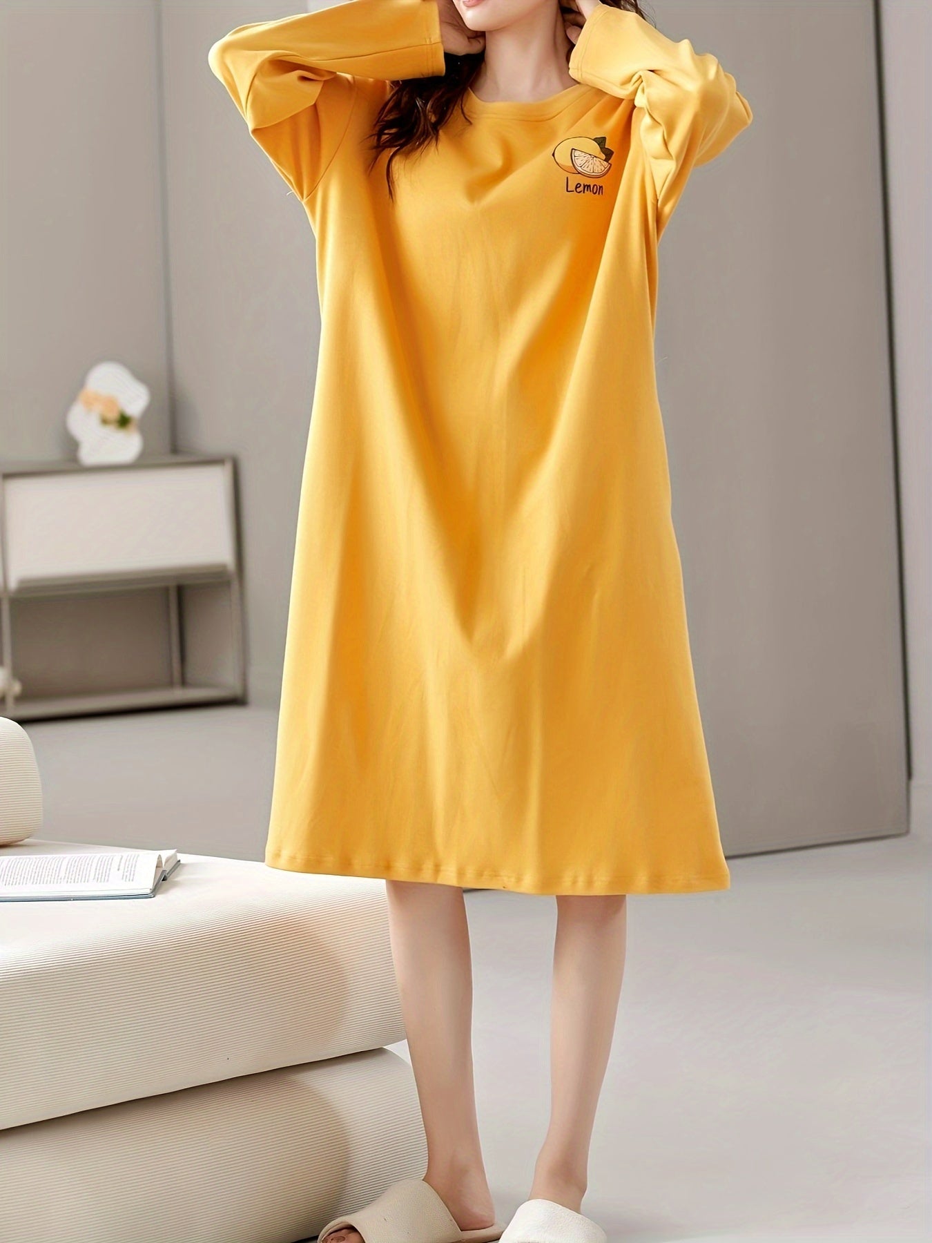 Cartoon Print Lounge Dress Soft Crew Neck Long Sleeve Loose Home Dress