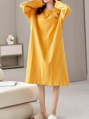 Cartoon Print Lounge Dress Soft Crew Neck Long Sleeve Loose Home Dress