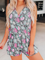 Floral Print Surplice Neck Jumpsuit Sleeveless Short Length