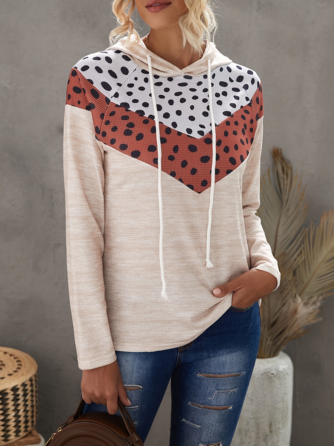Leopard Polka Dot Print Drawstring Hoodie Sweatshirt