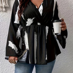 Brush Print Flared Sleeve V Neck Peplum Shirt Top