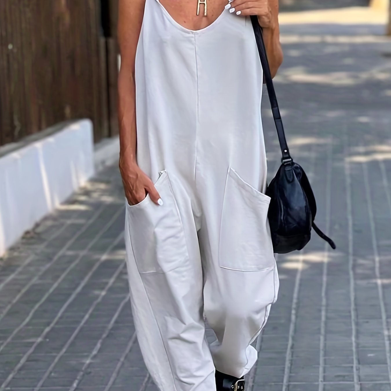 Solid Spaghetti Strap Jumpsuit Casual Sleeveless Wide Leg Jumpsuit